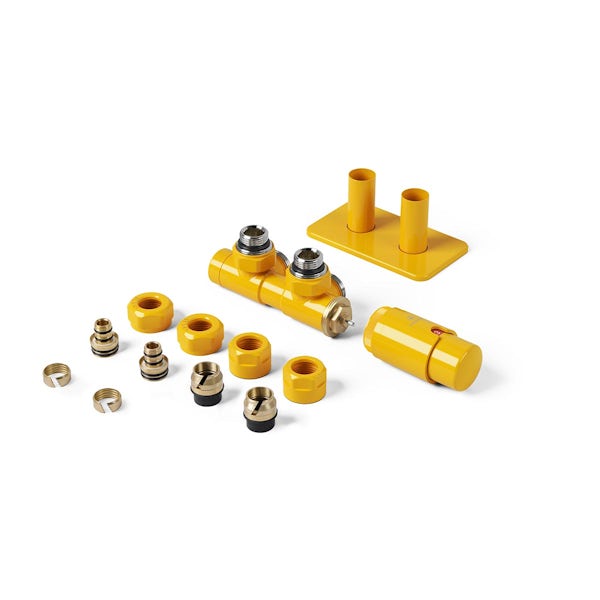 Terma Hex mustard twin all-in-one integrated 50mm valve and pipe masking set - left