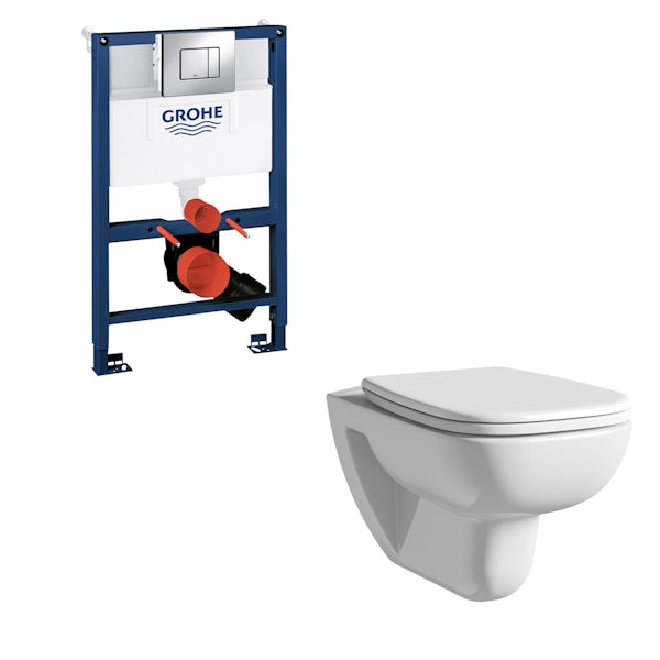 Duravit D-Code rimless wall hung toilet with soft close seat, Grohe Rapid SL frame and Skate Cosmopolitan push plate