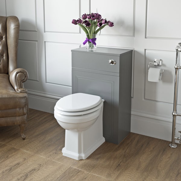 The Bath Co. Chartham slate matt grey back to wall unit and traditional toilet with white wooden seat