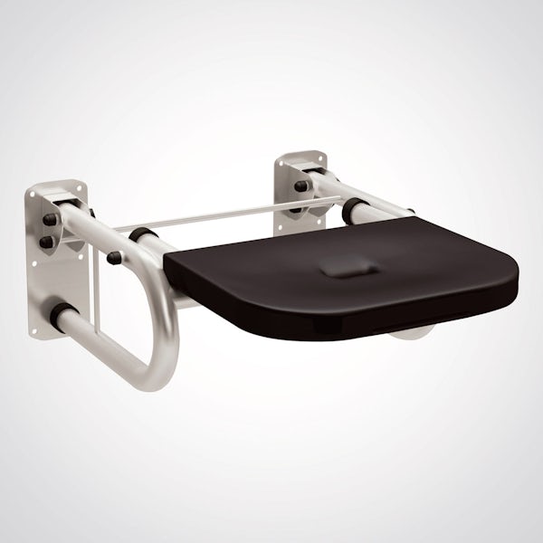 Dolphin commercial Doc M compliant stainless steel shower seat with black seat with satin finish