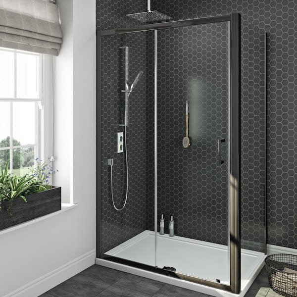 SmarTap white smart shower system with Mode black shower enclosure 1200 x 800