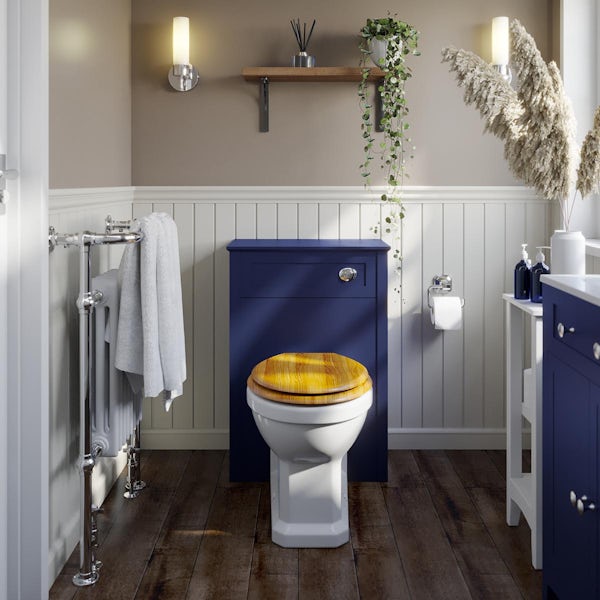 The Bath Co. Camberley navy back to wall toilet unit with traditional toilet and oak seat