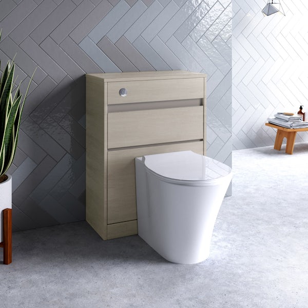 Ideal Standard Concept Air wood light brown back to wall unit, concealed cistern, push button and toilet with soft close seat