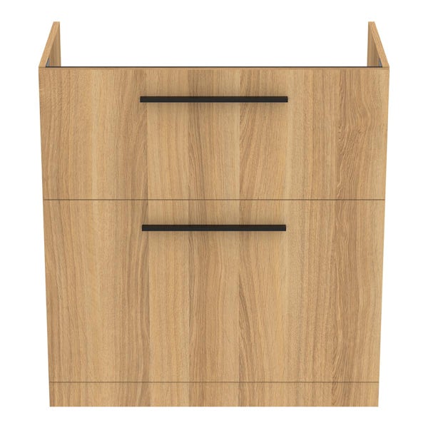 Ideal Standard i.life A natural oak floorstanding vanity unit with 2 drawers and black handles 840mm