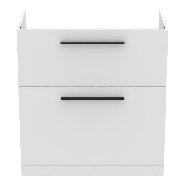 Ideal Standard i.life A matt white floorstanding vanity unit with 2 drawers and black handles 840mm