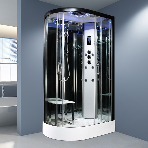 Insignia Platinum black framed offset quadrant right handed steam shower cabin