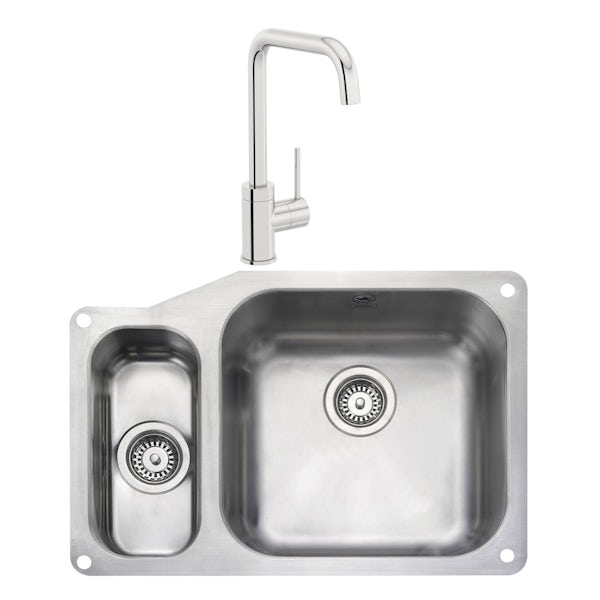 Rangemaster Atlantic Classic 1.5 bowl undermount left handed kitchen sink with waste and Schon L spout tap