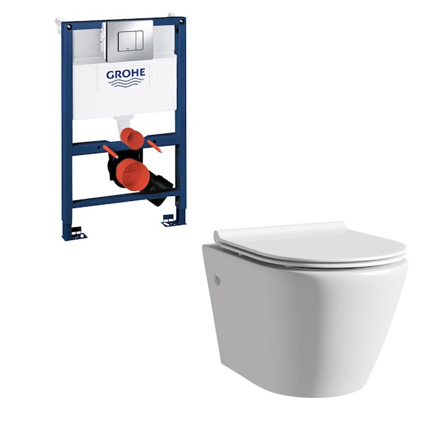 Mode Harrison rimless wall hung toilet with slim seat, Grohe frame and Skate Cosmopolitan push plate 0.82m