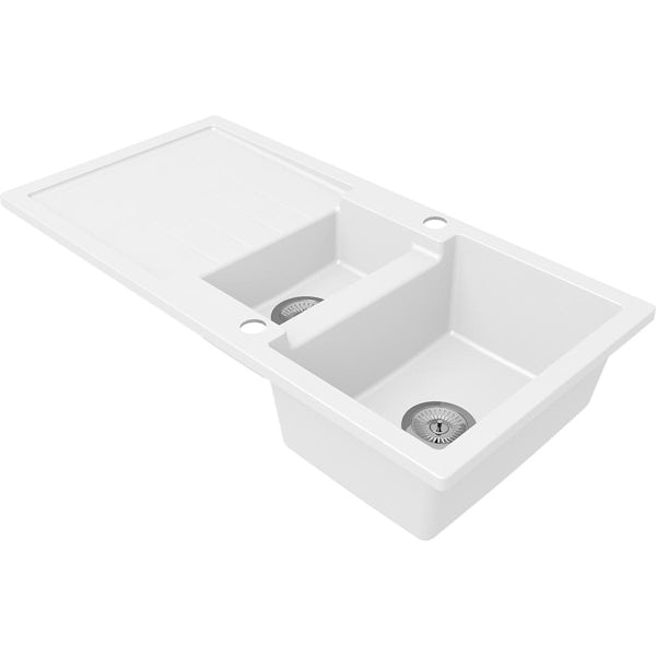 Schon Roseto chalk white 1.5 bowl reversible kitchen sink with Schon dual lever kitchen tap