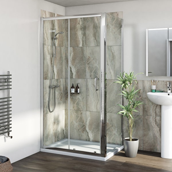 Mira shower system and 6mm sliding door with stone shower tray and waste