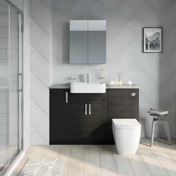Reeves Nouvel quadro black small fitted furniture & mirror combination with mineral grey worktop