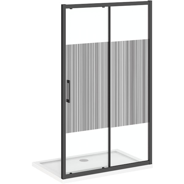 Mode 8mm matt black framed shower door with barcode style modesty panel 1200mm