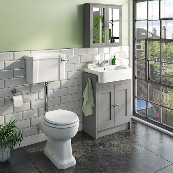 The Bath Co. Camberley grey vanity unit with low level toilet and mirror cabinet