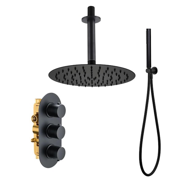 Orchard bathrooms matt black round ceiling shower, handset and thermostatic triple valve set
