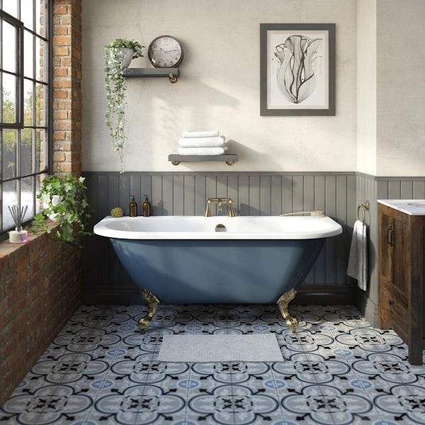 The Bath Co. Dalston province blue back to wall freestanding bath with brushed brass ball and claw feet