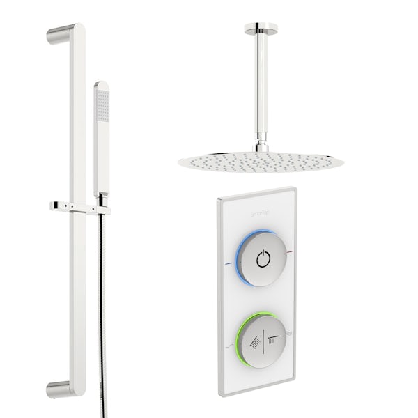 SmarTap white smart shower system with round slider rail and ceiling shower set