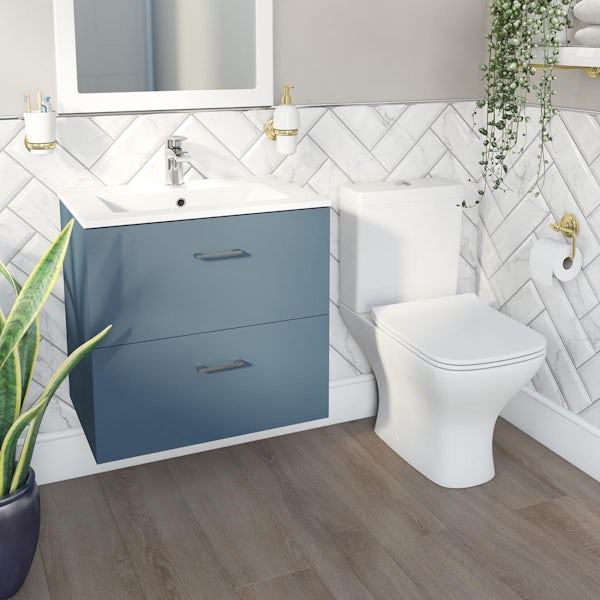 Orchard Lea ocean blue wall hung vanity unit 600mm and Derwent square close coupled toilet suite