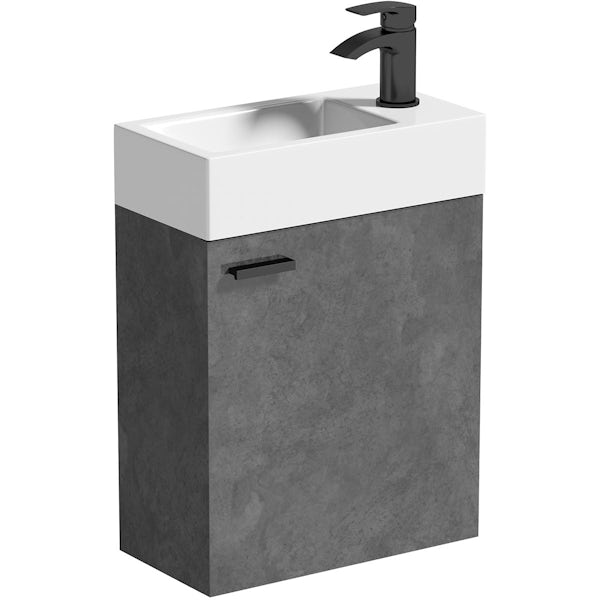Clarity Compact riven grey wall hung vanity unit with black handle and basin 410mm