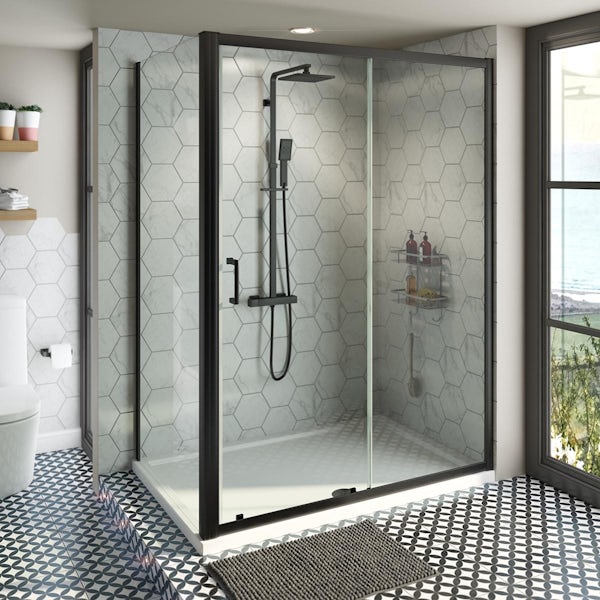 Mode Tate black 6mm sliding shower enclosure with stone shower tray