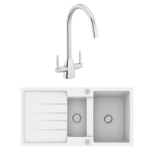 Schon Roseto chalk white 1.5 bowl reversible kitchen sink with Schon dual lever kitchen tap
