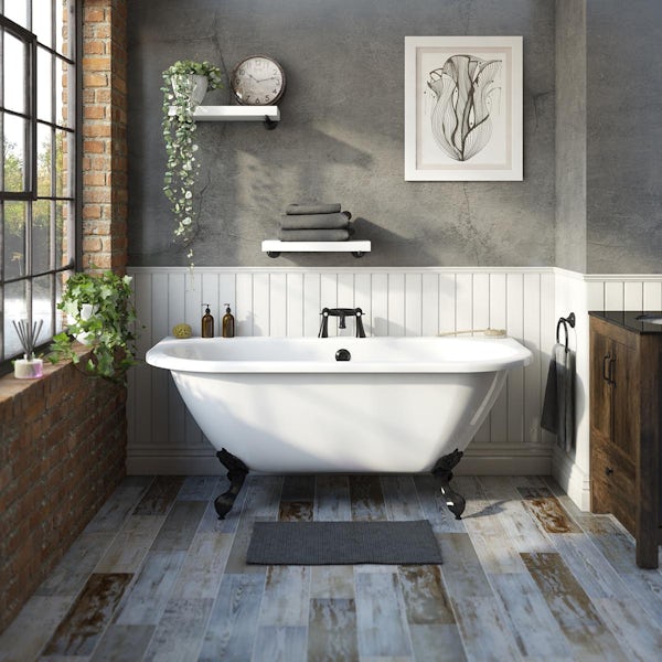The Bath Co. Dalston back to wall freestanding bath with matt black ball and claw feet
