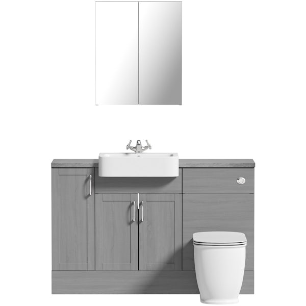 The Bath Co. Newbury dusk grey small fitted furniture & mirror combination with pebble grey worktop