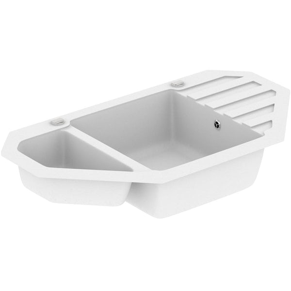 Schon Otranto chalk white 1.5 bowl right hand kitchen sink with Schon dual lever kitchen tap