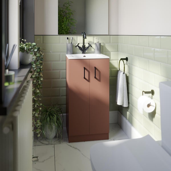 Orchard Lea tuscan red floorstanding vanity unit with black handle and ceramic basin 420mm