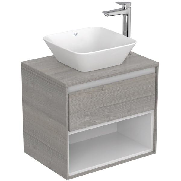Ideal Standard Concept Air wood light grey countertop vanity unit with back to wall toilet
