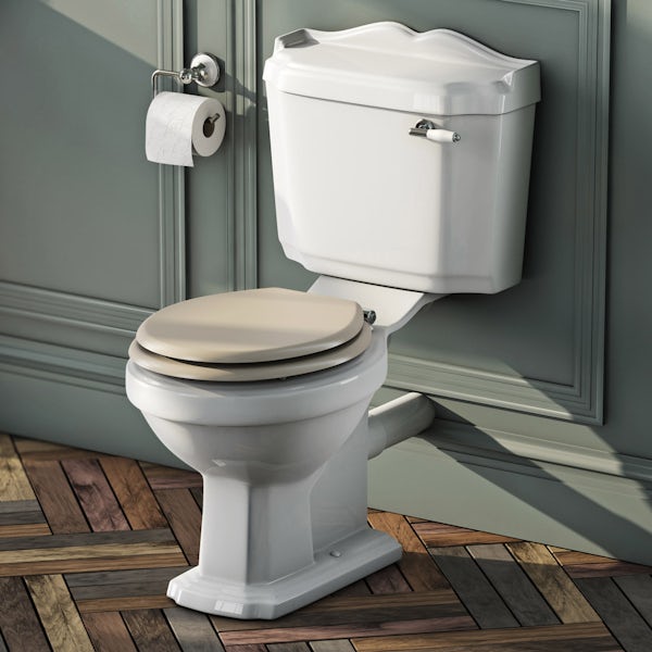 The Bath Co. Winchester close coupled toilet with ivory coloured soft close seat with pan connector