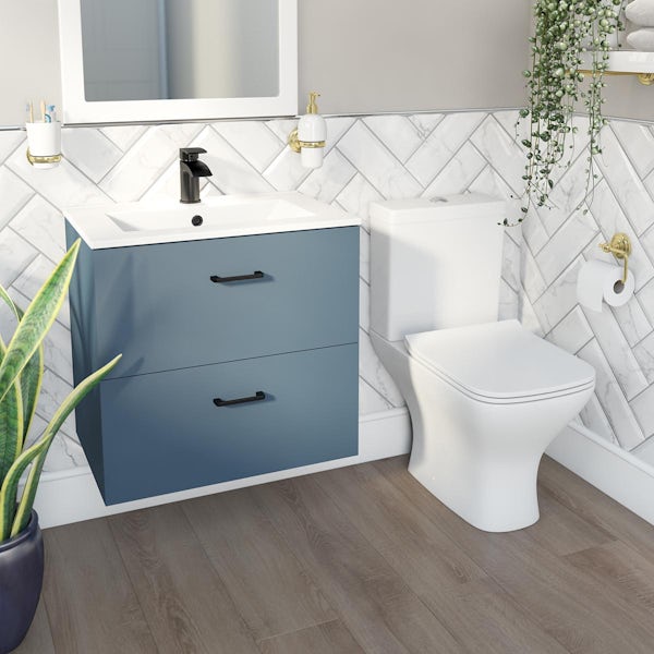 Orchard Lea ocean blue wall hung vanity unit with black handle 600mm and Derwent square close coupled toilet suite