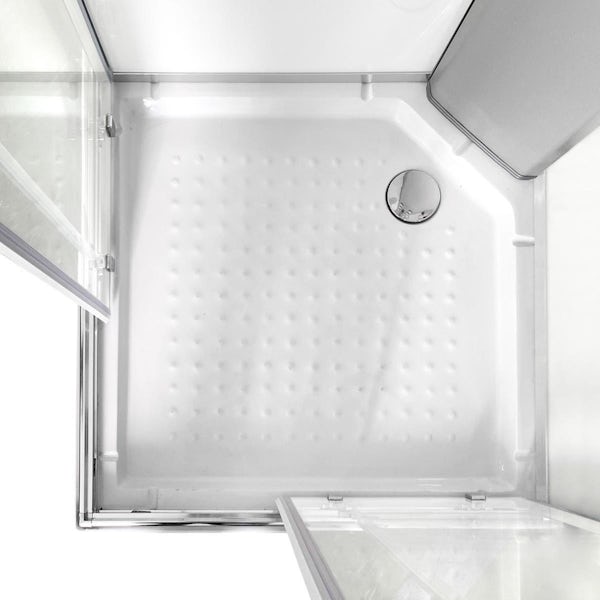 Vidalux Pure E square electric shower cabin with white back panels and shower
