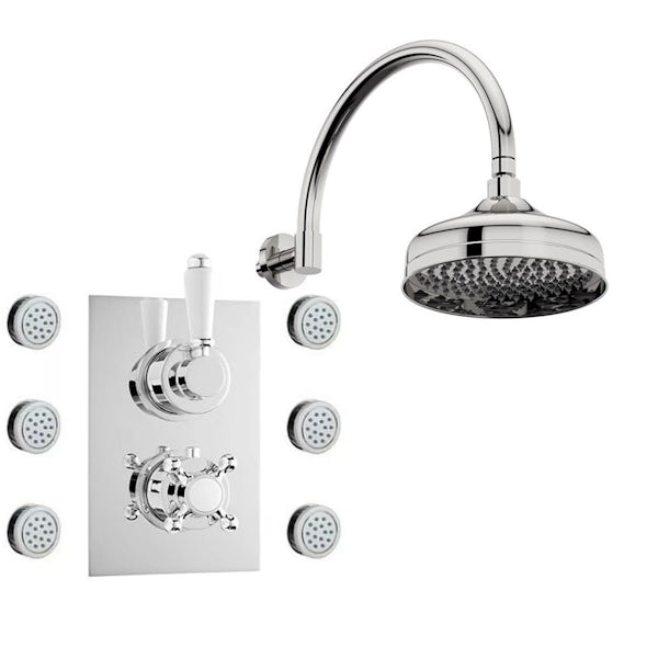 Traditional Thermostatic Twin Diverter Valve, Body Jets & Shower Head Set