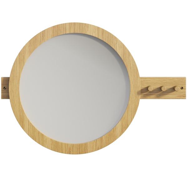 Mode South Bank natural wood round mirror with robe hooks