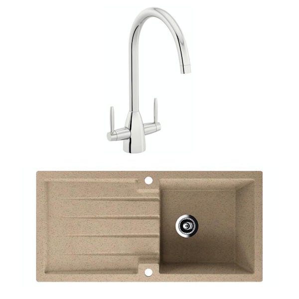 Schon Bosa Sand beige 1.0 bowl reversible kitchen sink with Schon dual lever kitchen tap
