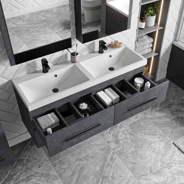 Orchard Kemp riven grey wall hung double vanity unit with black handles and basin 1200mm