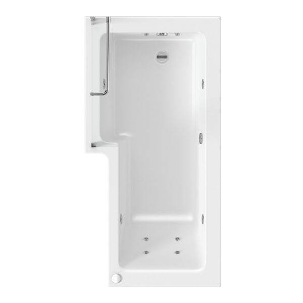 L shaped left handed 12 jet whirlpool shower bath with front panel and screen