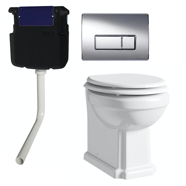 The Bath Co. Dulwich back to wall toilet with white soft close seat, concealed cistern and push plate