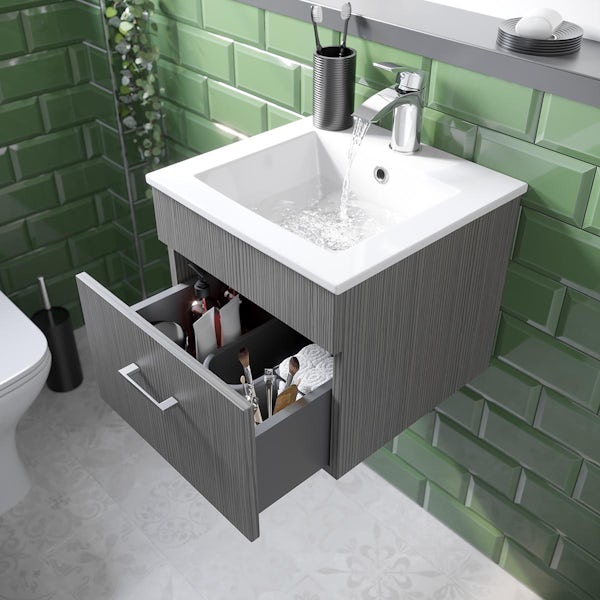 Orchard Lea avola grey wall hung vanity unit 420mm and Derwent square close coupled toilet suite