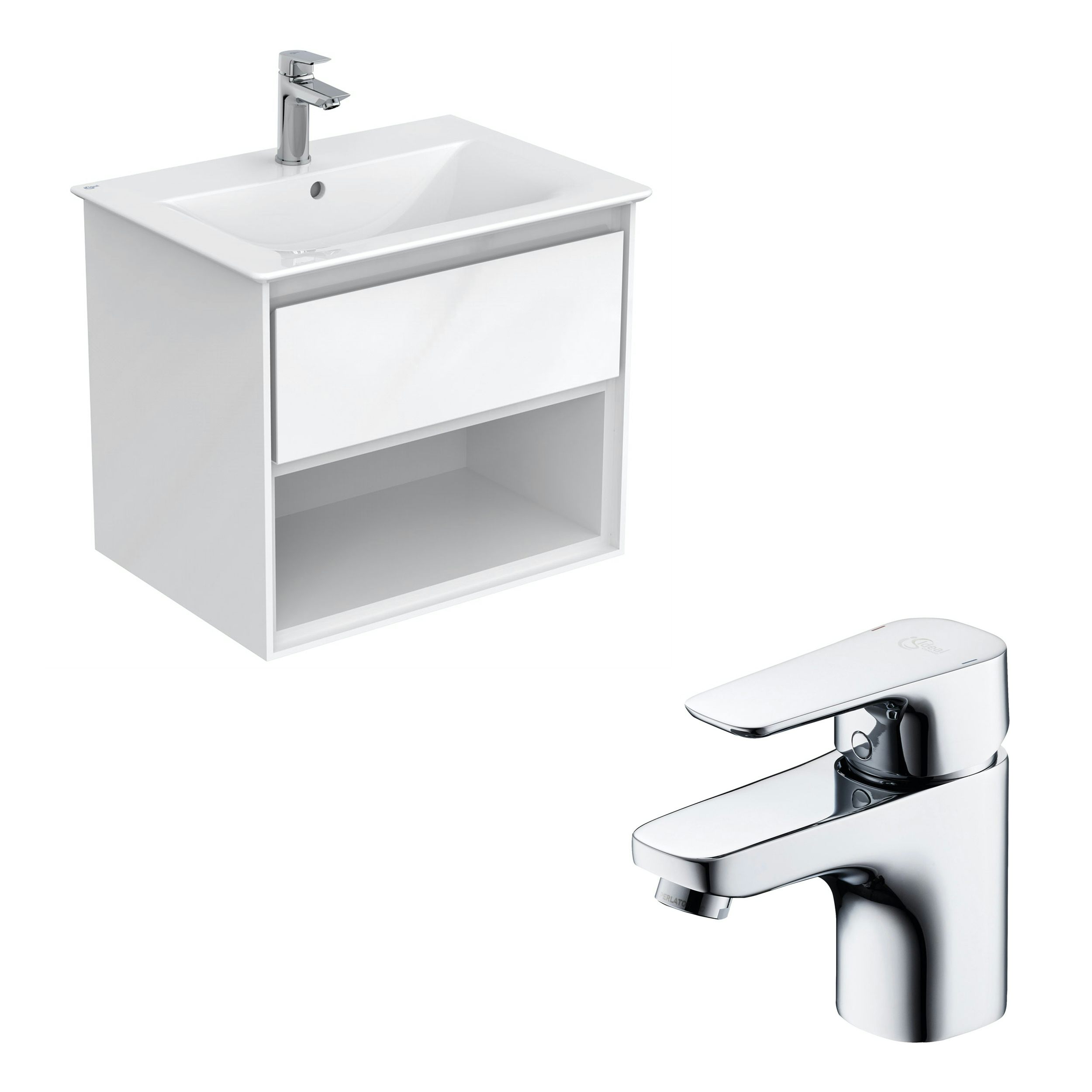 Ideal Standard Connect Air gloss and matt white wall hung open vanity unit and basin 600mm with free tap