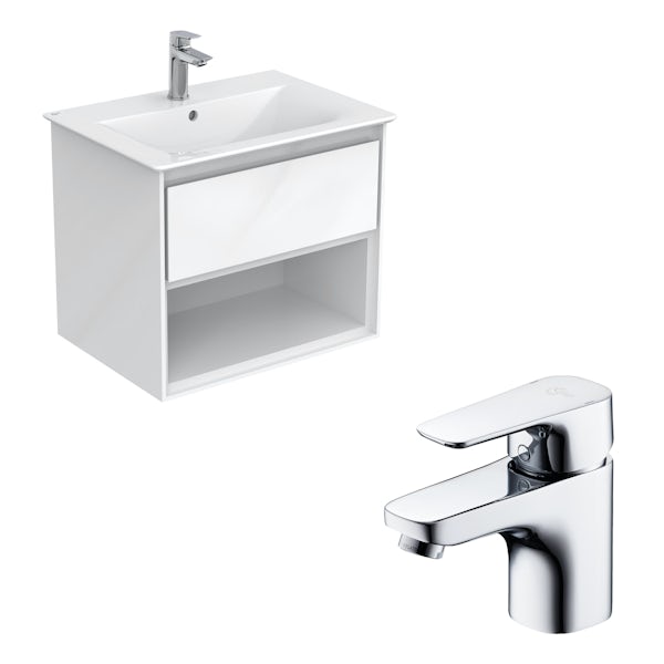 Ideal Standard Concept Air gloss and matt white wall hung open vanity unit and basin 600mm with free tap