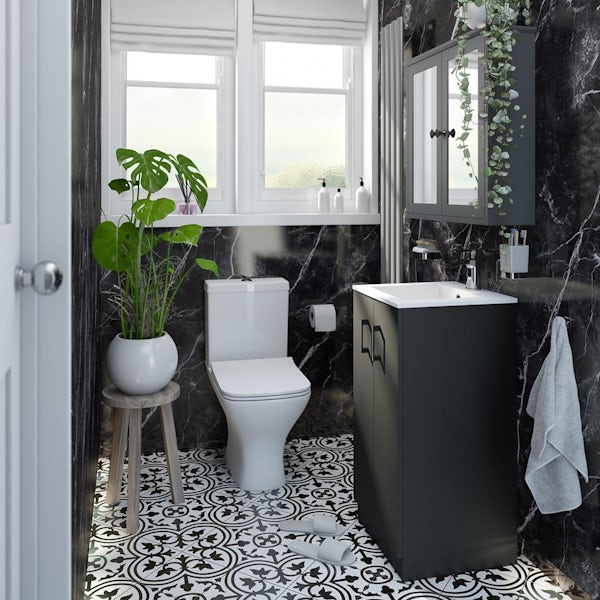 Orchard Lea soft black floorstanding vanity unit 420mm and Derwent square close coupled toilet suite