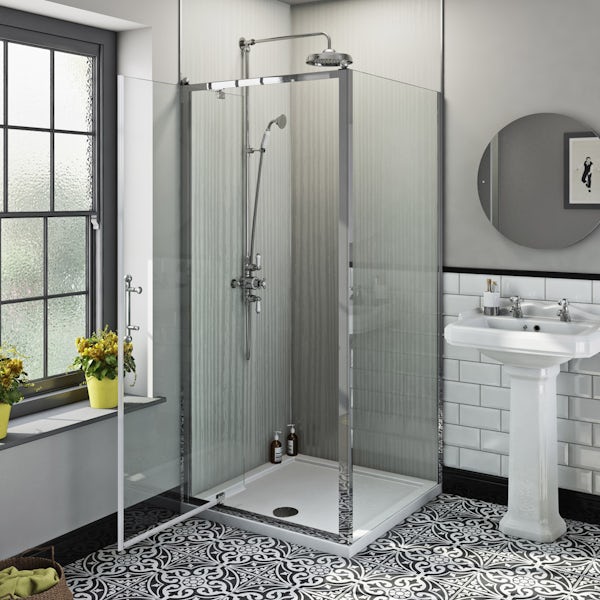 The Bath Co. Winchester traditional 6mm square pivot shower enclosure with dual valve riser shower system