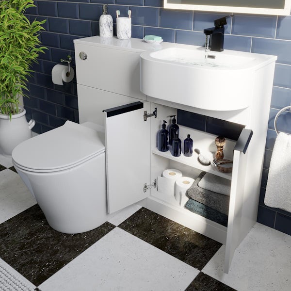 Mode Taw P shape gloss white right handed combination unit with black handles and tap