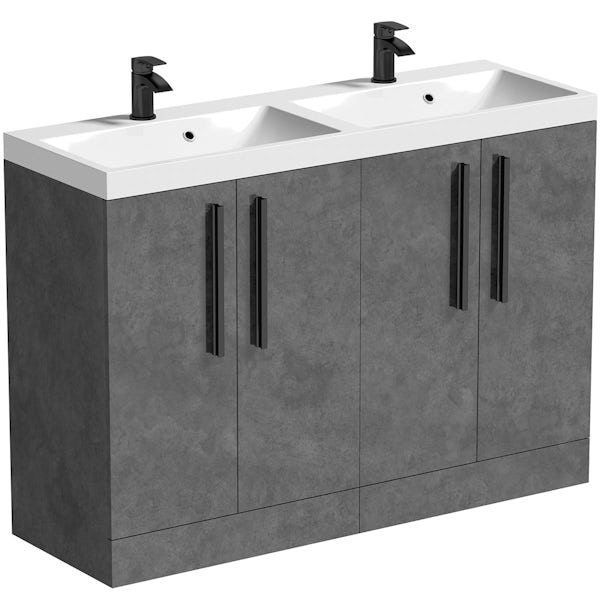 Orchard Kemp riven grey floorstanding double vanity unit with black handles and basin 1200mm