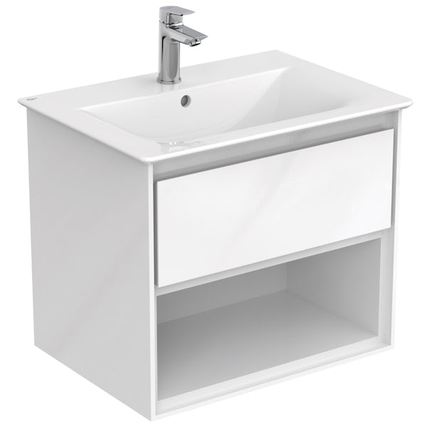 Ideal Standard Concept Air gloss and matt white wall hung open vanity unit and basin 600mm