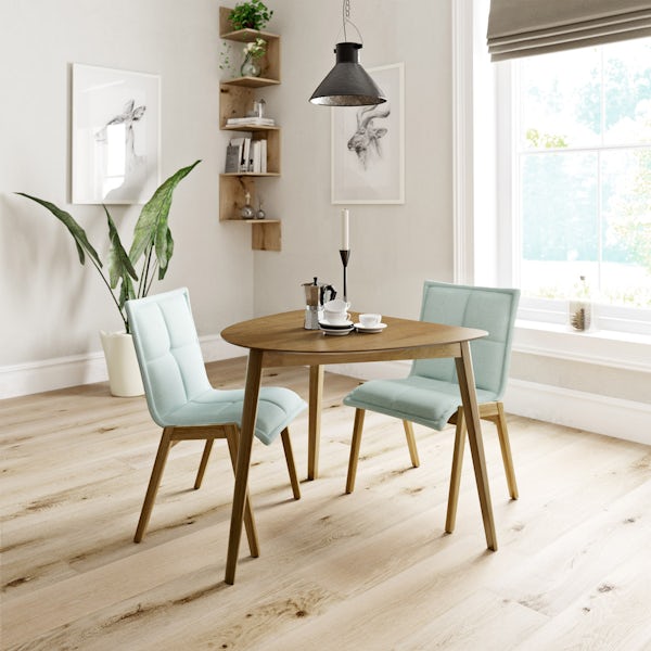 Ernest oak table with 2x Hadley light cyan chairs