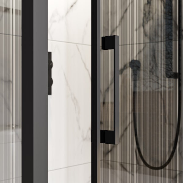 Mode 8mm matt black framed shower enclosure with barcode style modesty panel 1200 x 800mm