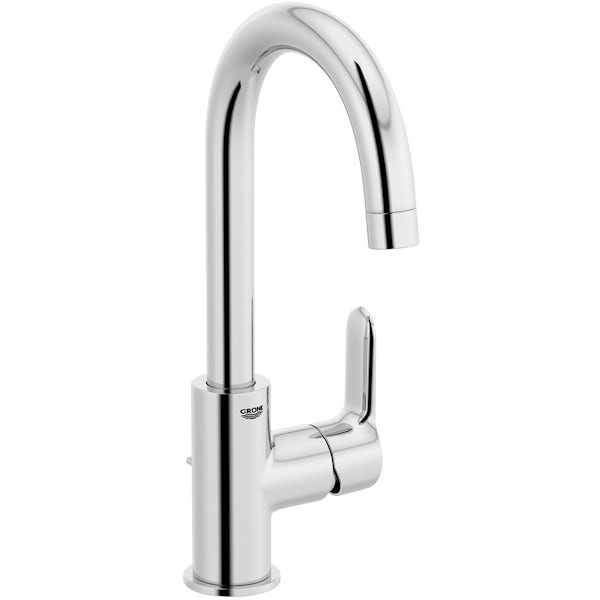 Grohe BauEdge high rise single level basin mixer tap with pop up waste