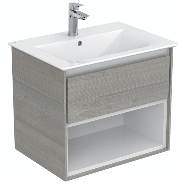 Ideal Standard Concept Air wood light grey open vanity unit and close coupled toilet